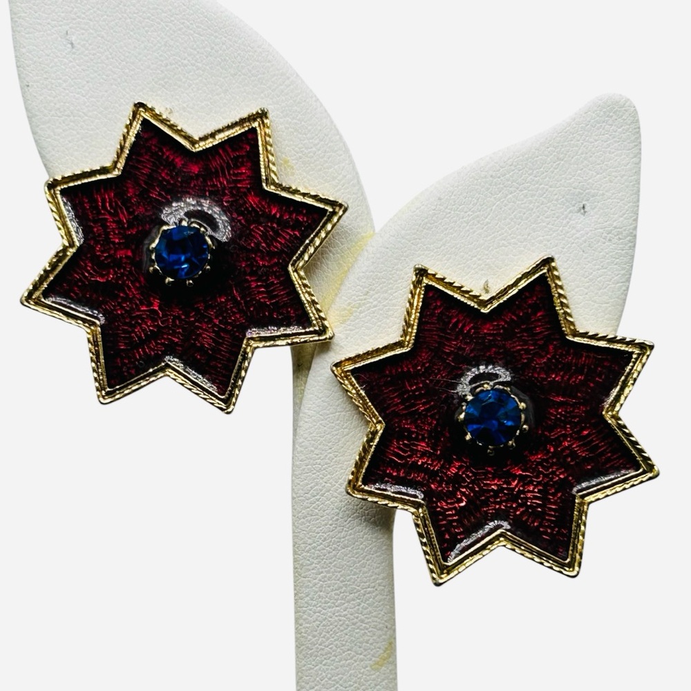 Vintage Blue Rhinestone Resin Enamel Eight Point Star Clip Earrings